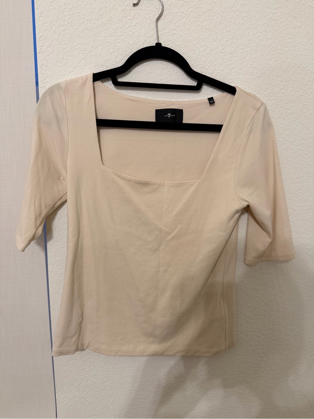 7 For All Mankind Cream Square-Neck Short Sleeve Top